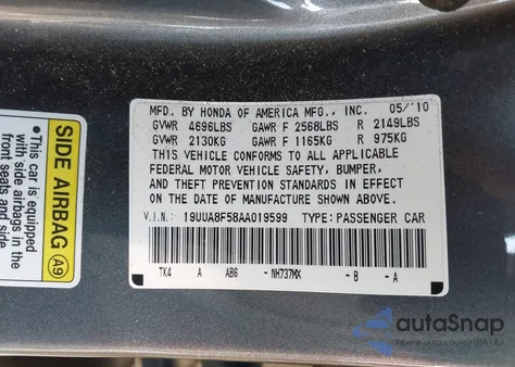 2010 Acura Tl 3.5 z USA, uszkodzony, nr VIN 19UUA8F58AA019599